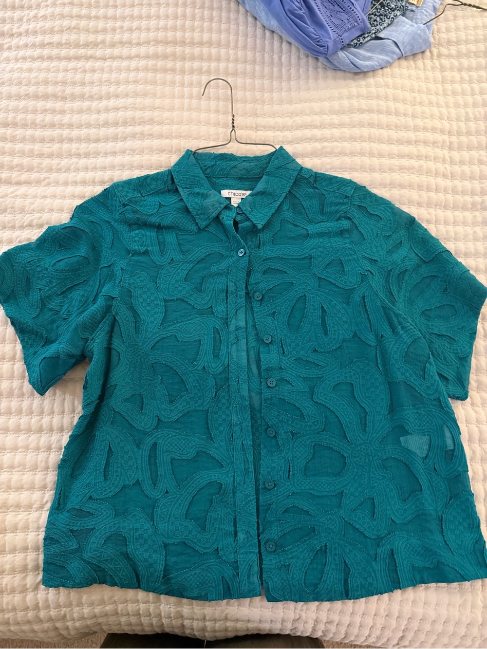 Chico's Teal Button-Up Short Sleeve Top